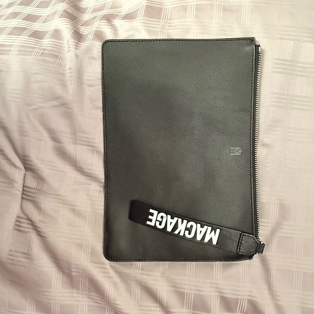 Mackage Black Leather Zip Clutch with Logo Strap